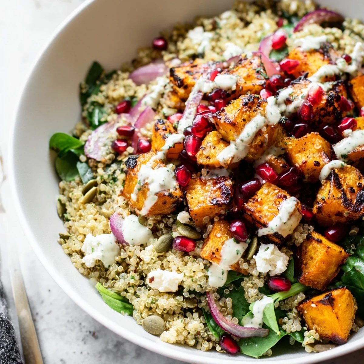 Golden roasted butternut squash quinoa grain bowl drizzled with creamy citrus tahini
