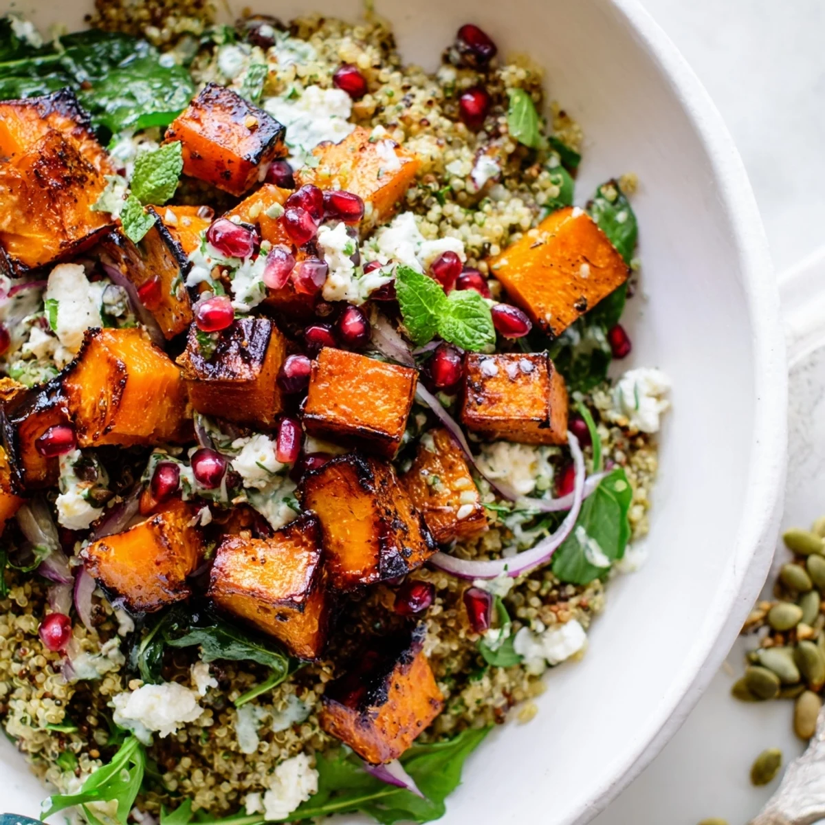 Roasted butternut squash herb quinoa grain bowl topped with crisp greens and pepitas