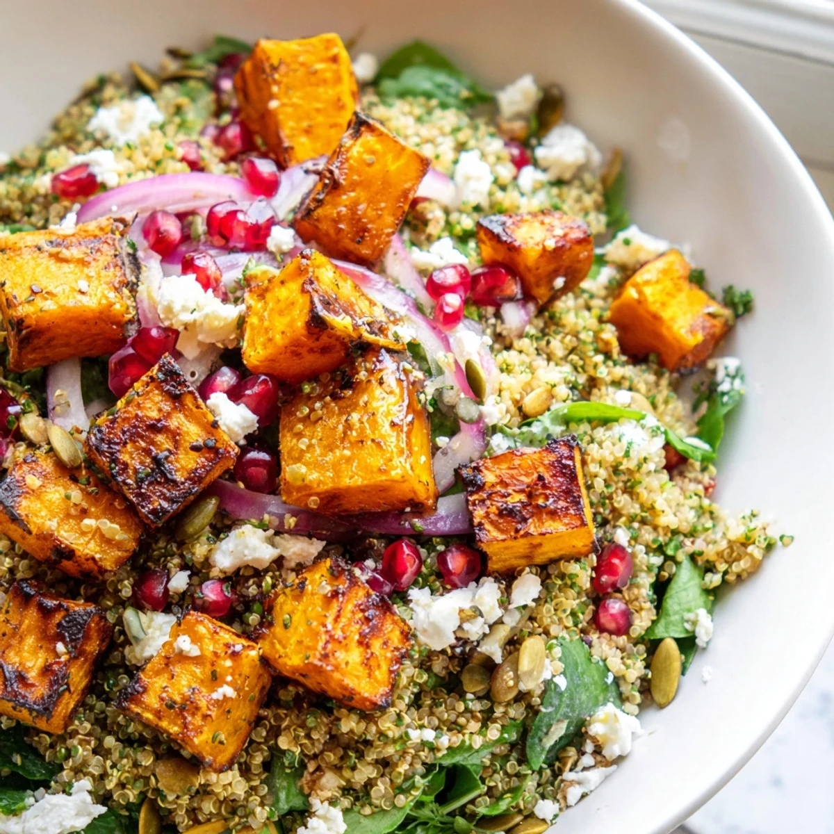 Caramelized butternut squash quinoa grain bowl finished with bright citrus tahini dressing