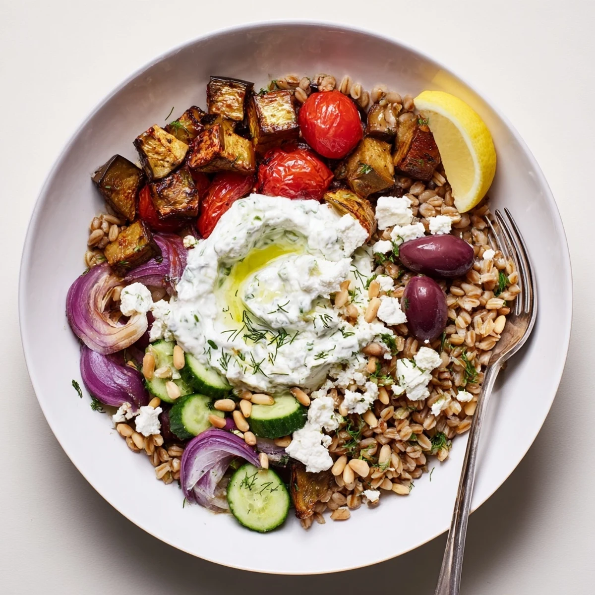 Golden roasted eggplant sits atop chewy farro in this Mediterranean grain bowl with herb yogurt.