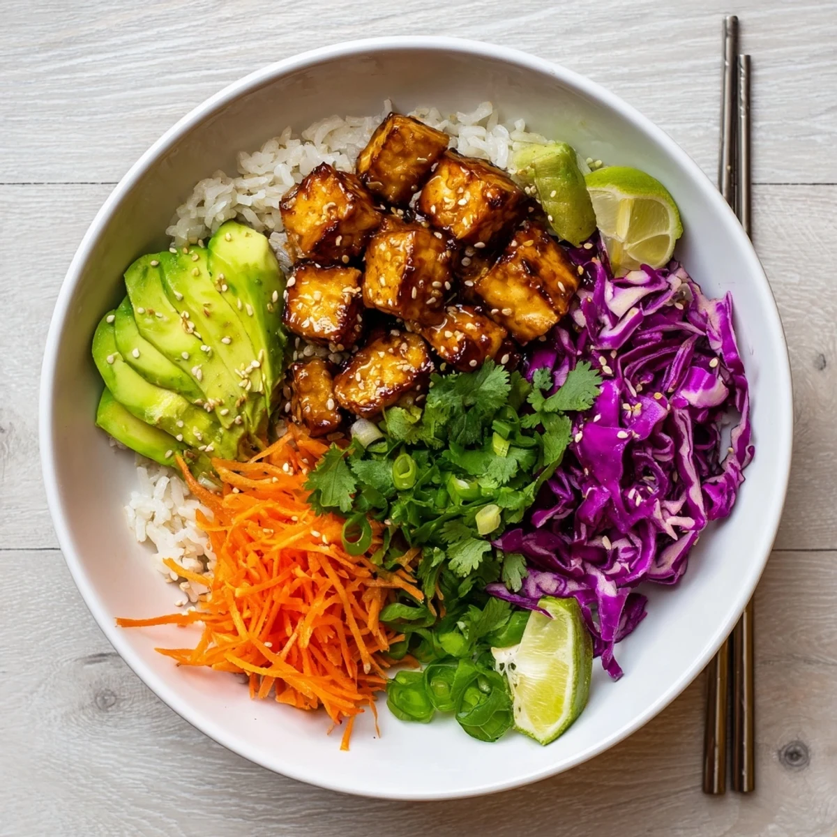 Glistening sticky maple ginger tempeh vegan bowl with sesame cabbage over steamed rice