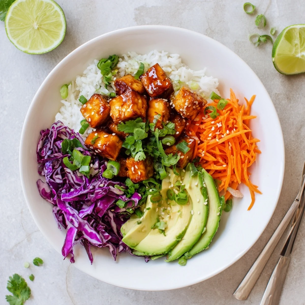Golden caramelized sticky maple ginger tempeh vegan bowl topped with crunchy sesame cabbage slaw