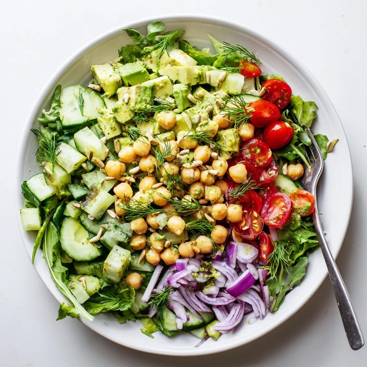 Creamy avocado dill chickpea salad bowl topped with crunchy cucumbers and toasted seeds