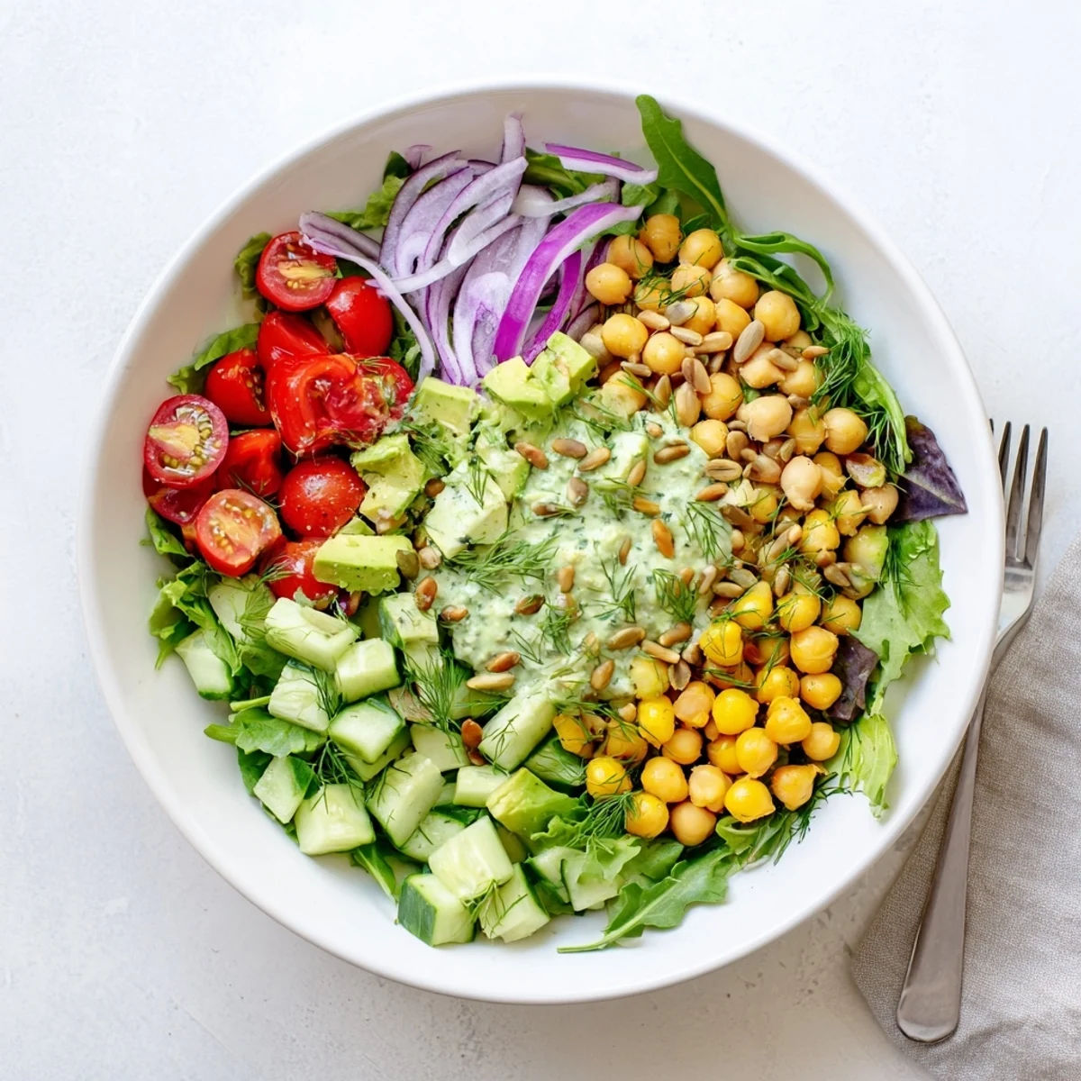 Vibrant avocado dill chickpea salad bowl served fresh with crisp cucumbers and cherry tomatoes