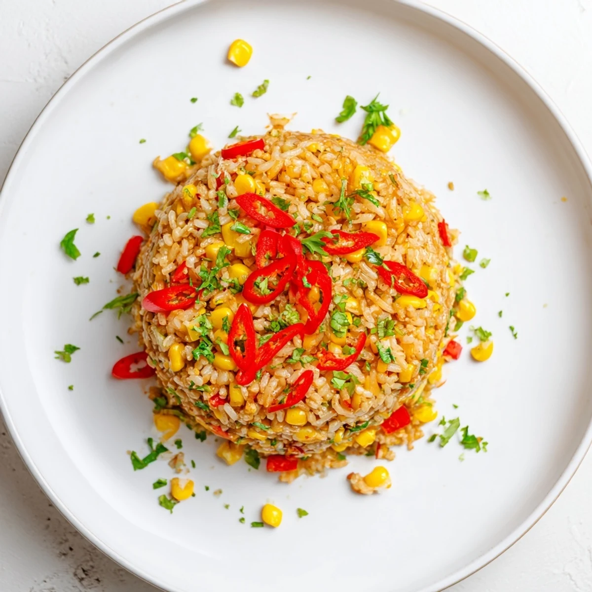 A vibrant skillet of chili lime corn fried rice topped with fresh cilantro and lime wedges