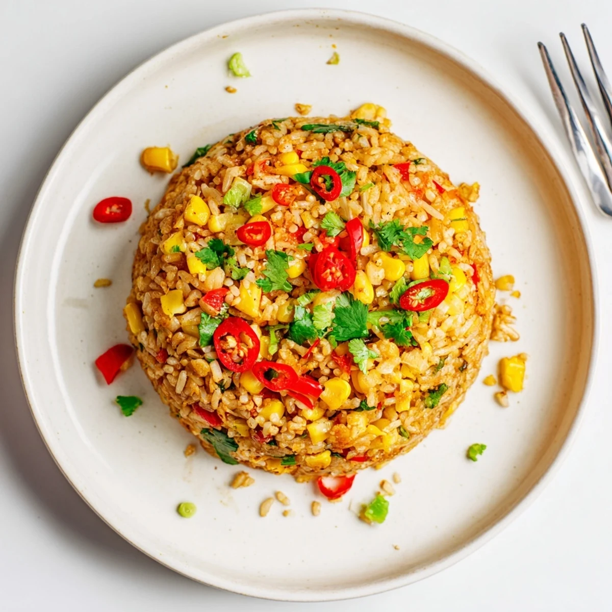 Zesty chili lime corn fried rice served in a bowl with chopped cilantro and bright lime zest