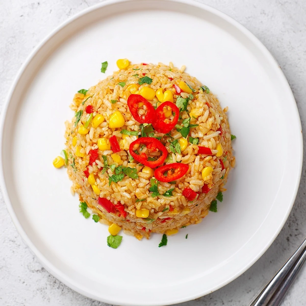 Golden stir-fried rice with sweet corn, red chilies, and fragrant cilantro in a cast iron pan