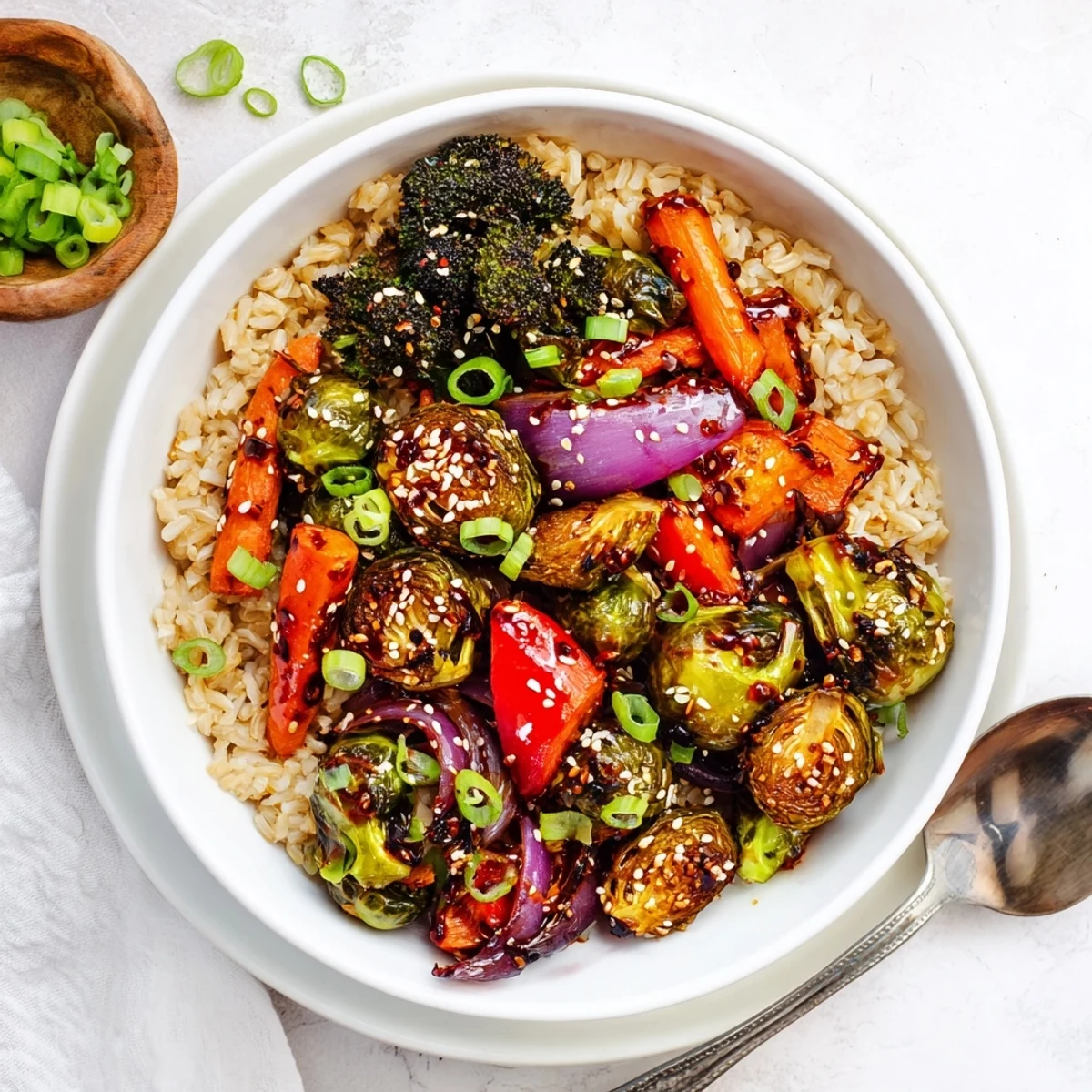 Spicy garlic roasted Brussels sprout veggie bowl glistening with golden sesame seeds