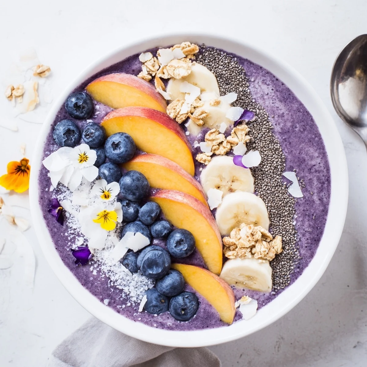 Creamy blueberry peach coconut smoothie bowl crowned with crunchy almonds, fresh peach slices, and chia seeds
