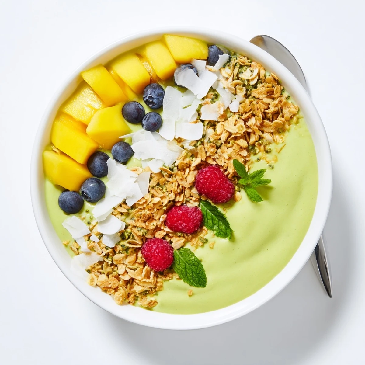 Bright mango coconut matcha smoothie bowl topped with golden granola in a rustic ceramic dish