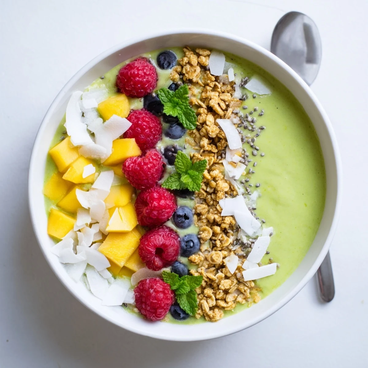 Creamy green matcha smoothie bowl loaded with ripe mango chunks and crunchy coconut granola