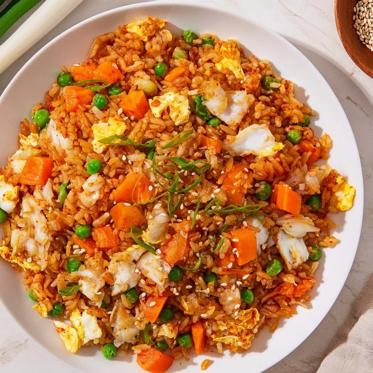 Golden kimchi garlic fried rice topped with crispy shallots and sesame seeds in a white bowl