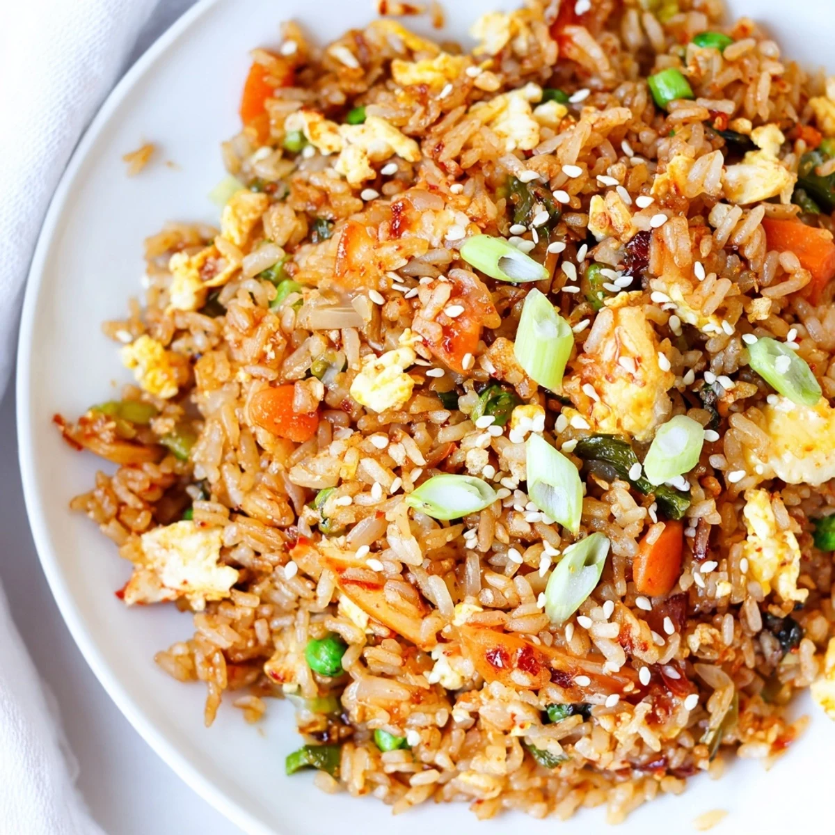 Steaming Korean fusion fried rice with vibrant kimchi, scrambled eggs, and golden brown crispy shallots garnish