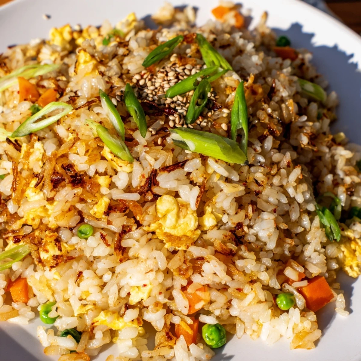 Savory kimchi garlic fried rice plated with green onions, toasted sesame seeds, and crispy fried shallots