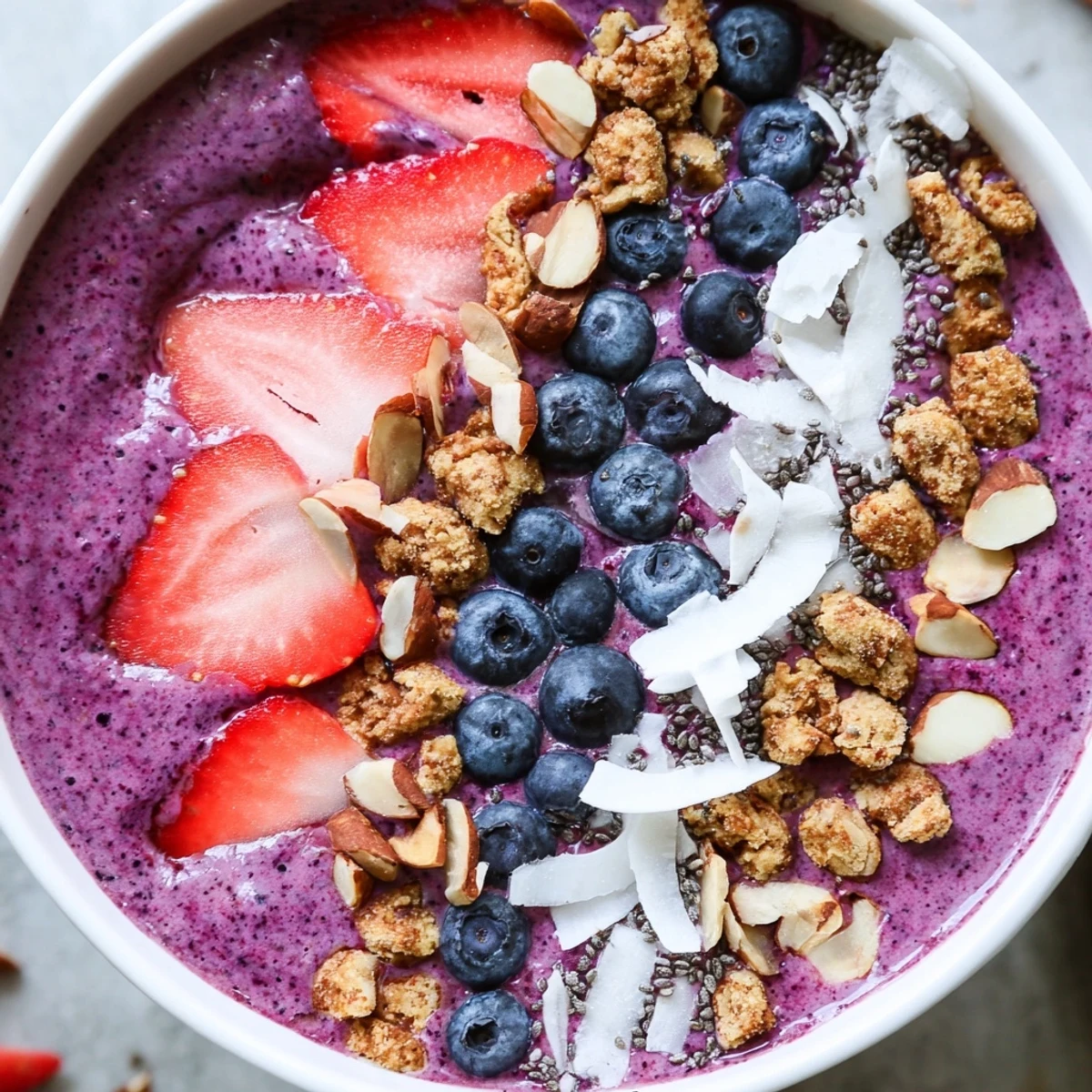 Creamy blueberry strawberry almond smoothie bowl topped with crunchy granola clusters and fresh berries