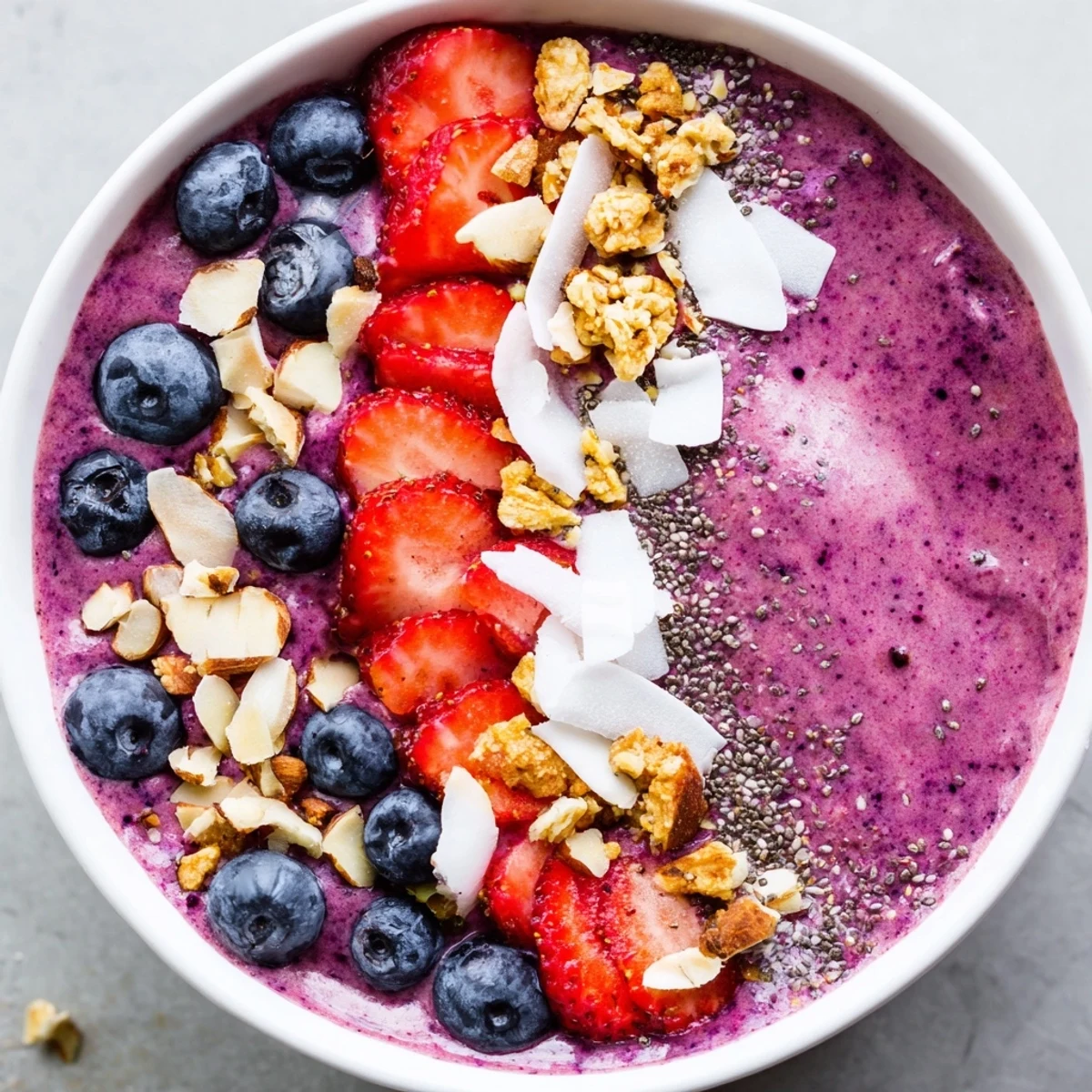 Vibrant purple smoothie bowl crowned with sliced strawberries, blueberries, almond granola clusters, and chia seeds