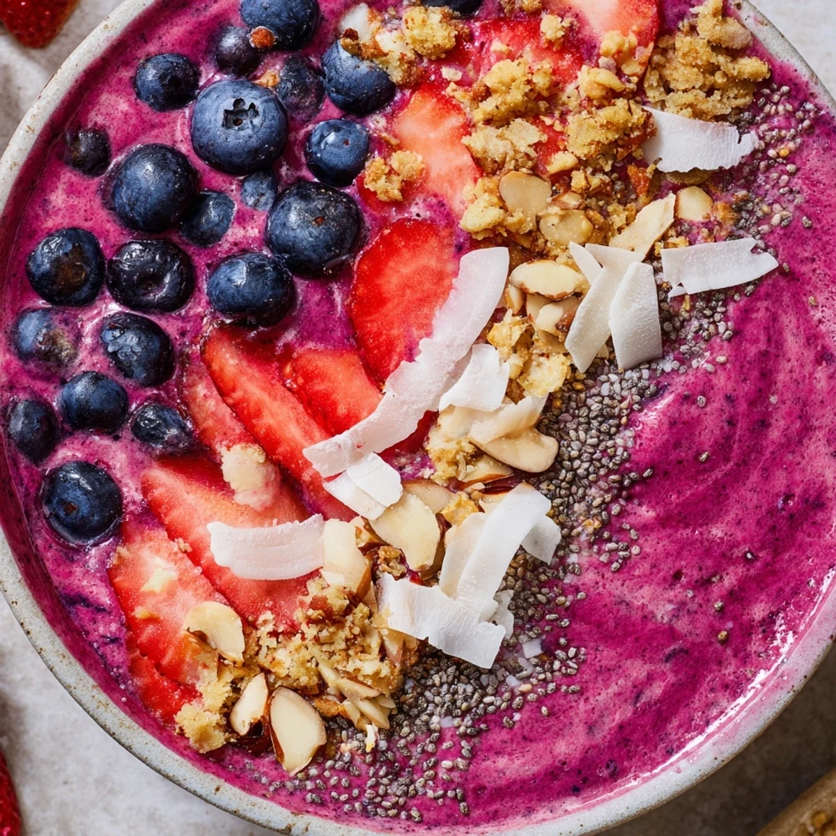Thick blueberry strawberry almond smoothie bowl drizzled with almond butter and sprinkled with crunchy toppings