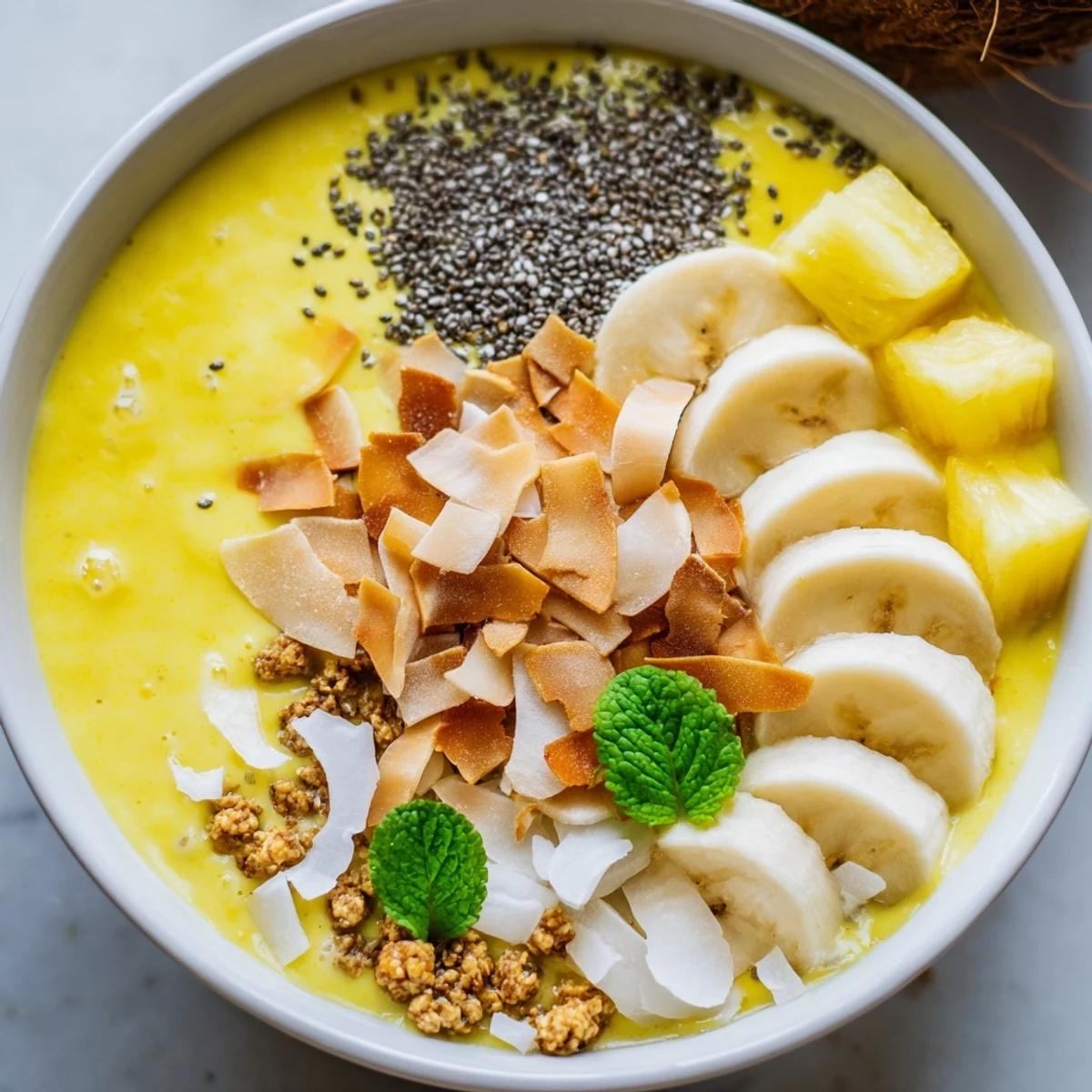 Creamy pineapple banana coconut smoothie bowl topped with golden toasted coconut chips and fresh fruit