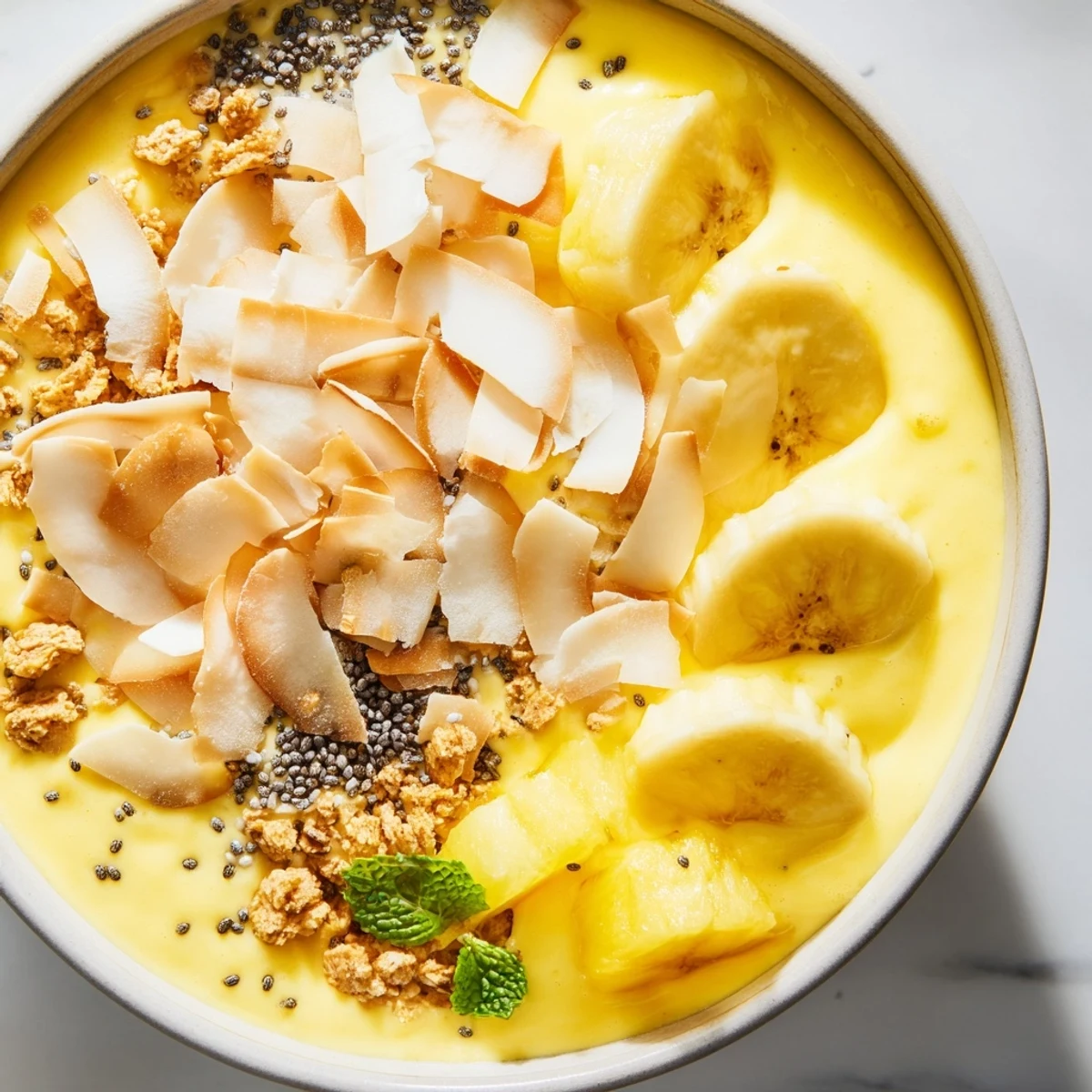 Vibrant pineapple banana coconut smoothie bowl crowned with sliced banana diced pineapple and toasted coconut