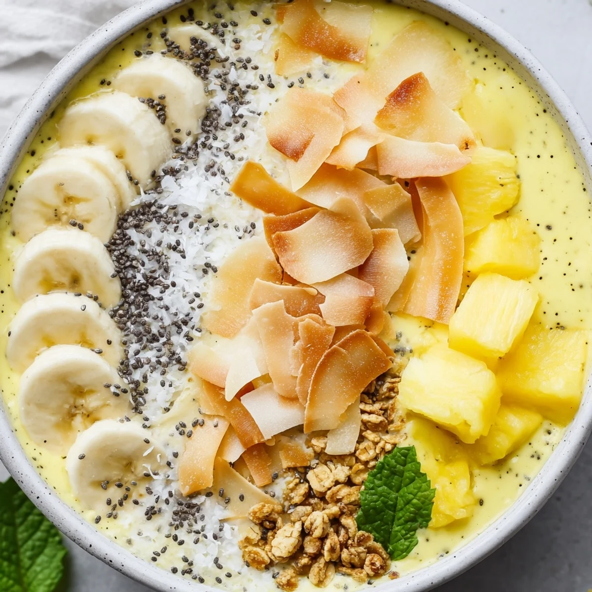 Tropical pineapple banana coconut smoothie bowl served cold with crunchy toasted coconut chips and granola