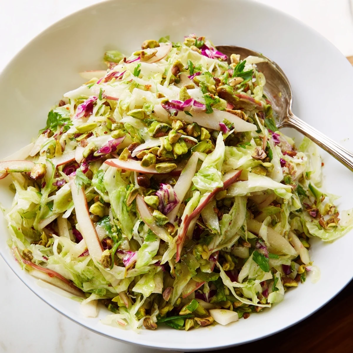 Colorful shaved cabbage apple pistachio salad bowl tossed in bright citrus dressing