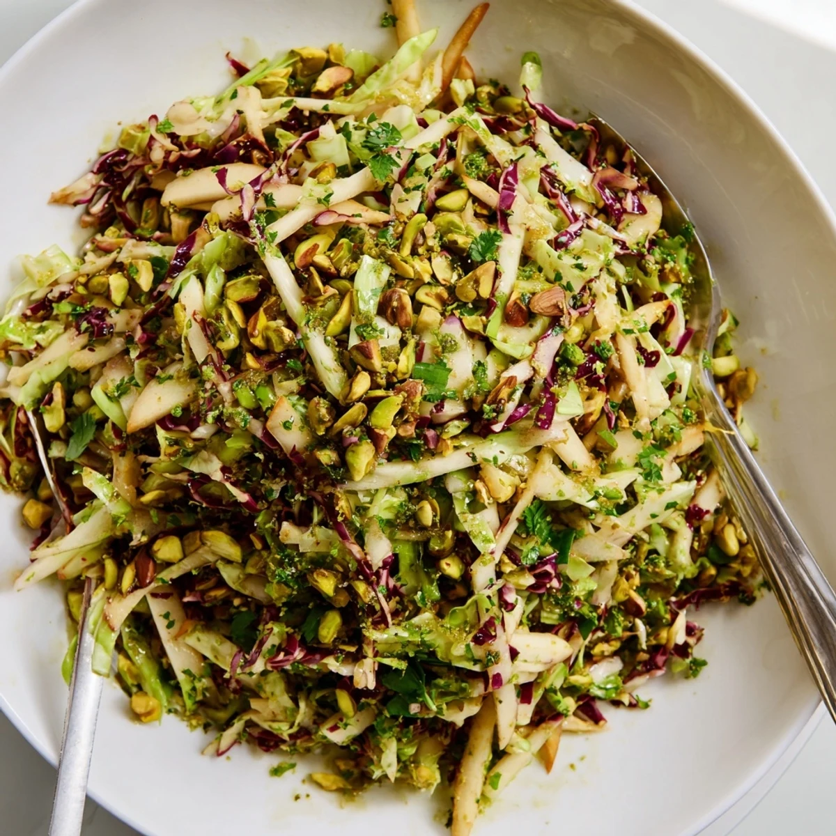 Crisp shaved cabbage apple pistachio salad glistening with zesty orange dressing