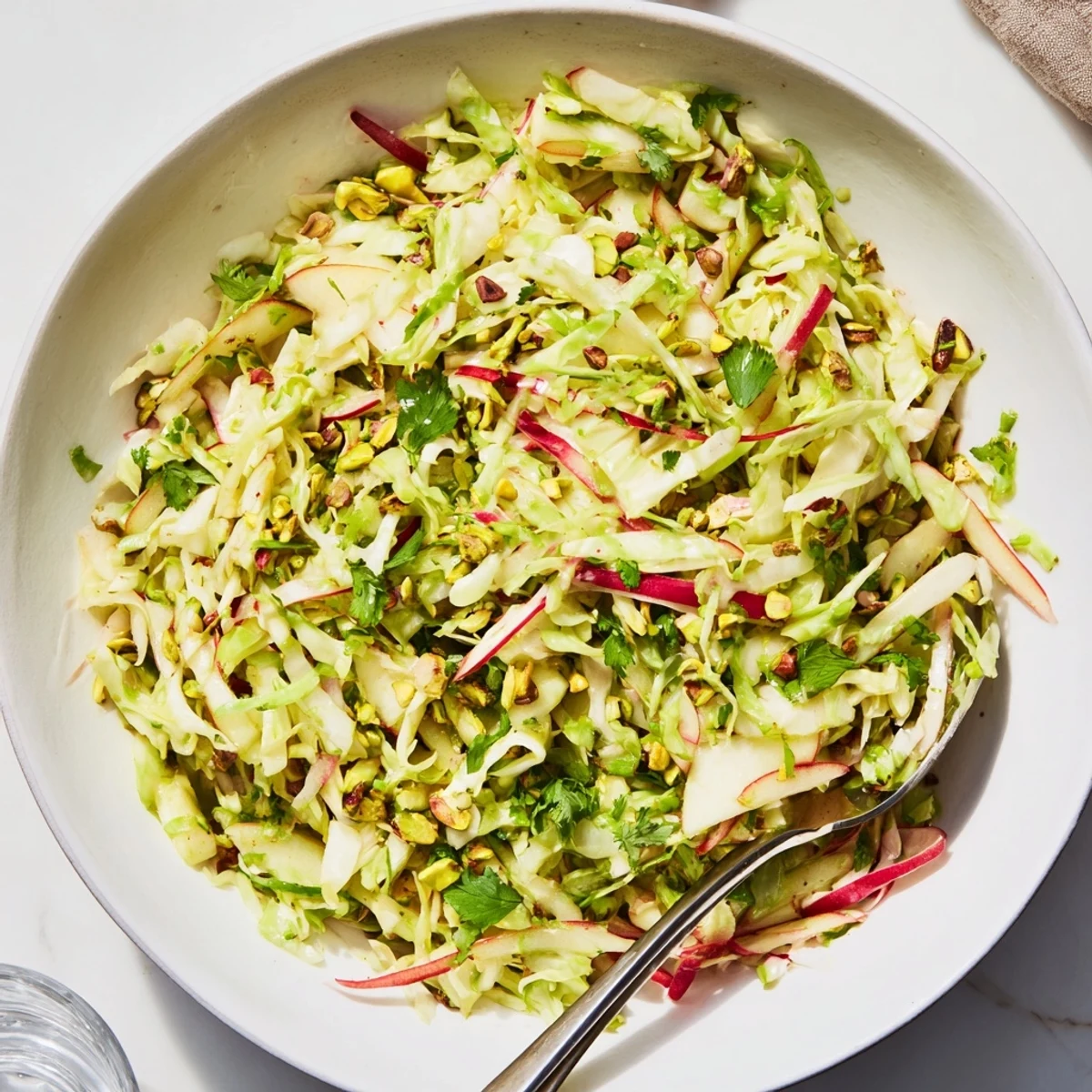 Vibrant cabbage apple pistachio salad bowl with a shiny citrus vinaigrette