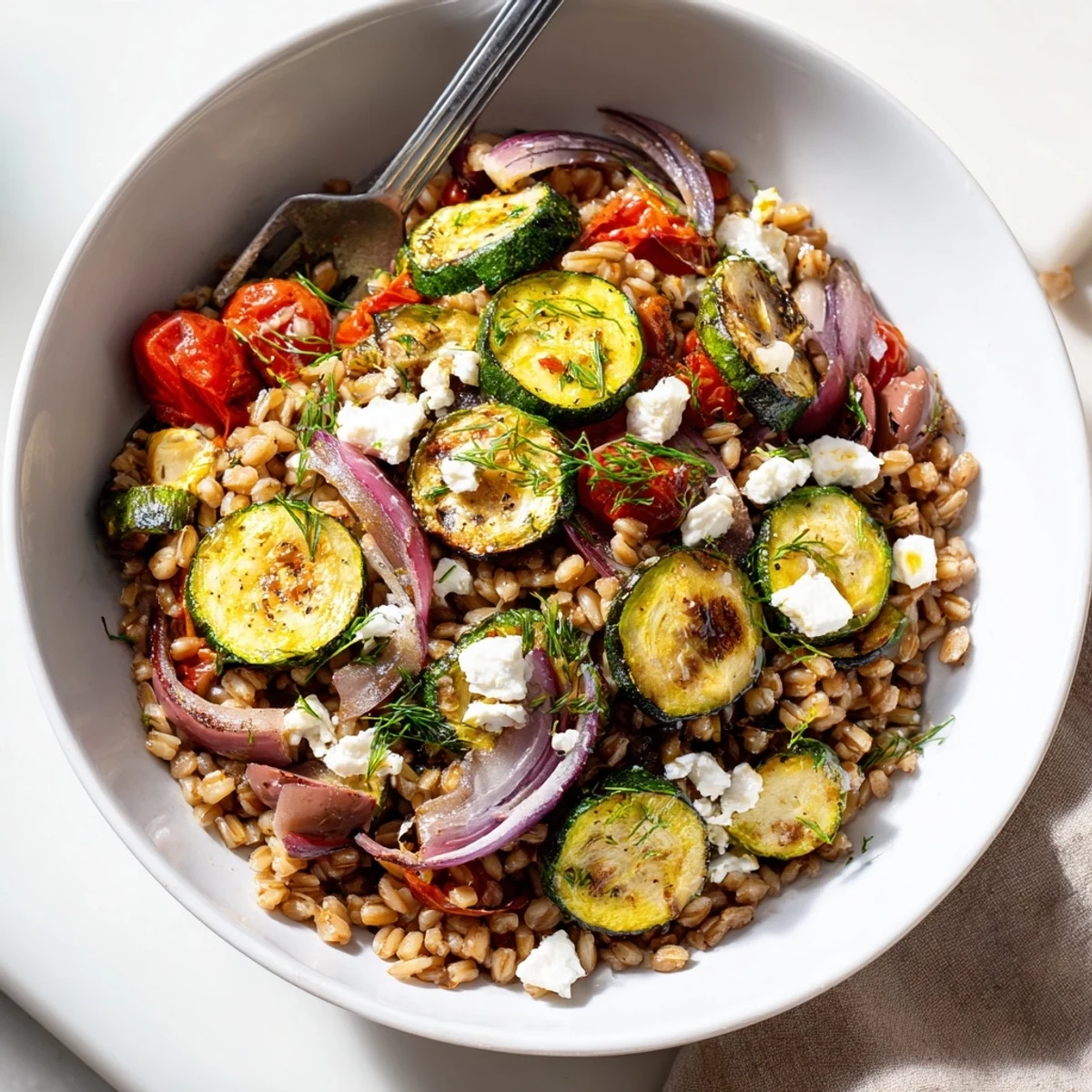 Golden roasted zucchini farro bowl topped with tangy feta crumble and fresh herbs