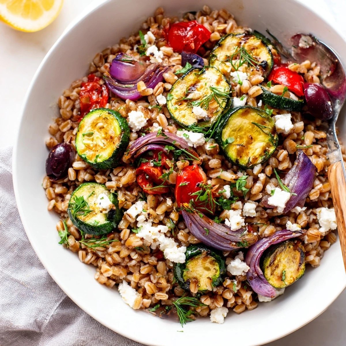 Hearty farro grain bowl loaded with roasted vegetables, olives, and creamy feta crumble