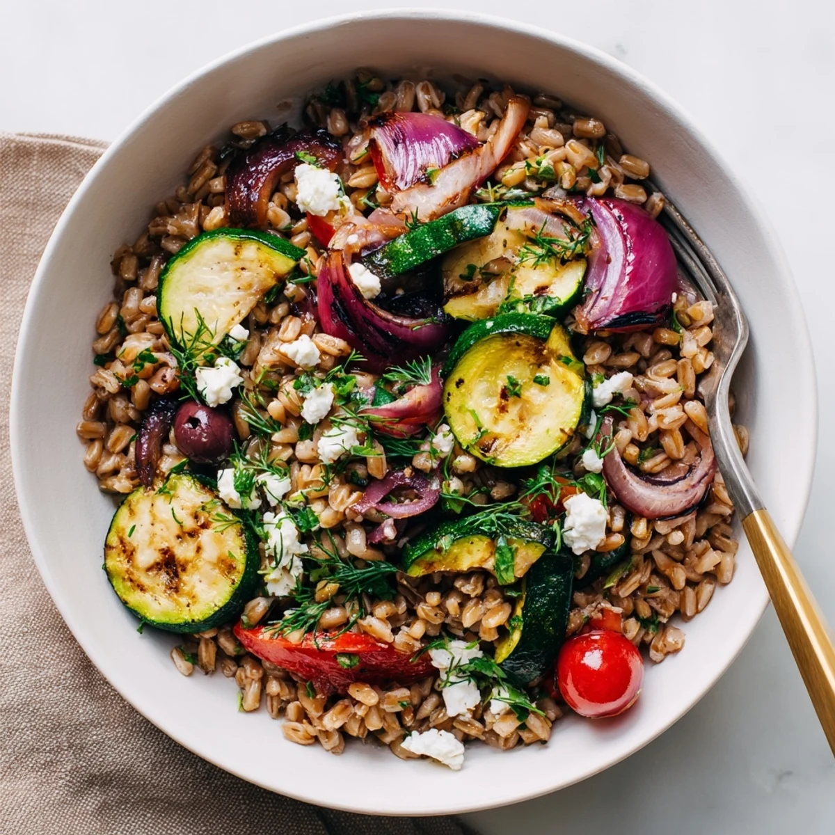 Mediterranean grain bowl with tender zucchini, nutty farro, and bright lemon herb vinaigrette