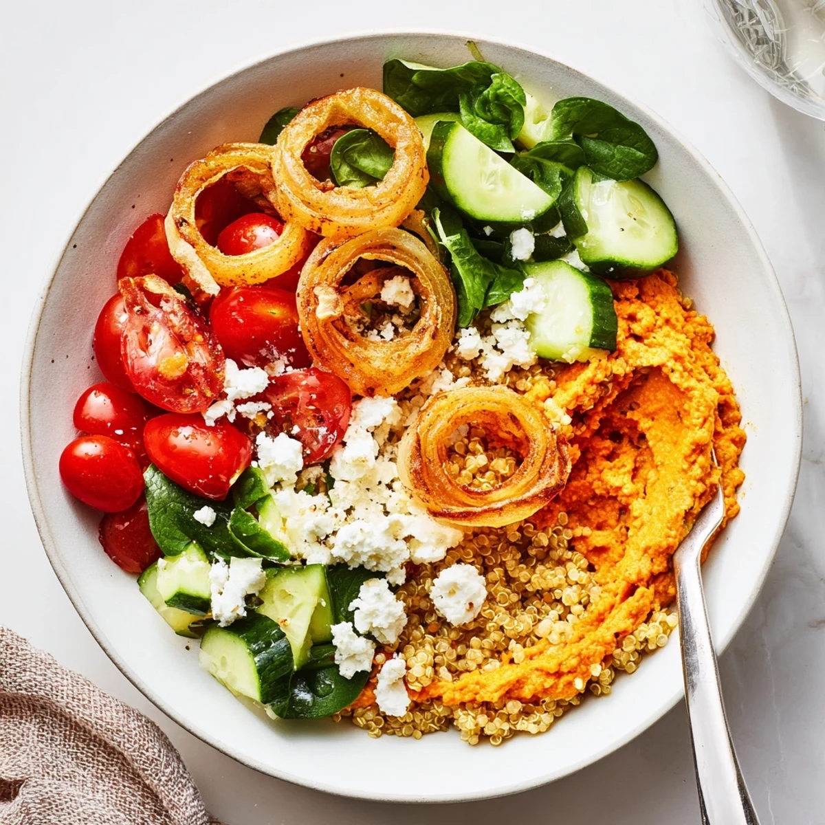 Close-up of roasted carrot pesto quinoa grain bowl topped with golden crispy shallots and fresh vegetables