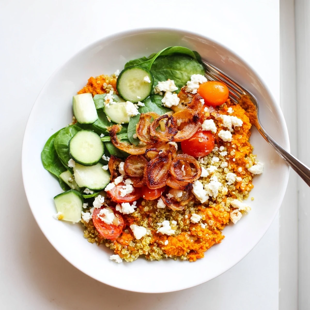 Vibrant roasted carrot pesto quinoa grain bowl with colorful veggies and crunchy caramelized shallots