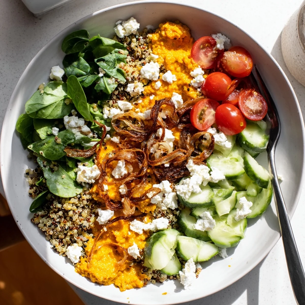 Steaming roasted carrot pesto quinoa grain bowl drizzled with bright orange pesto and crumbled feta