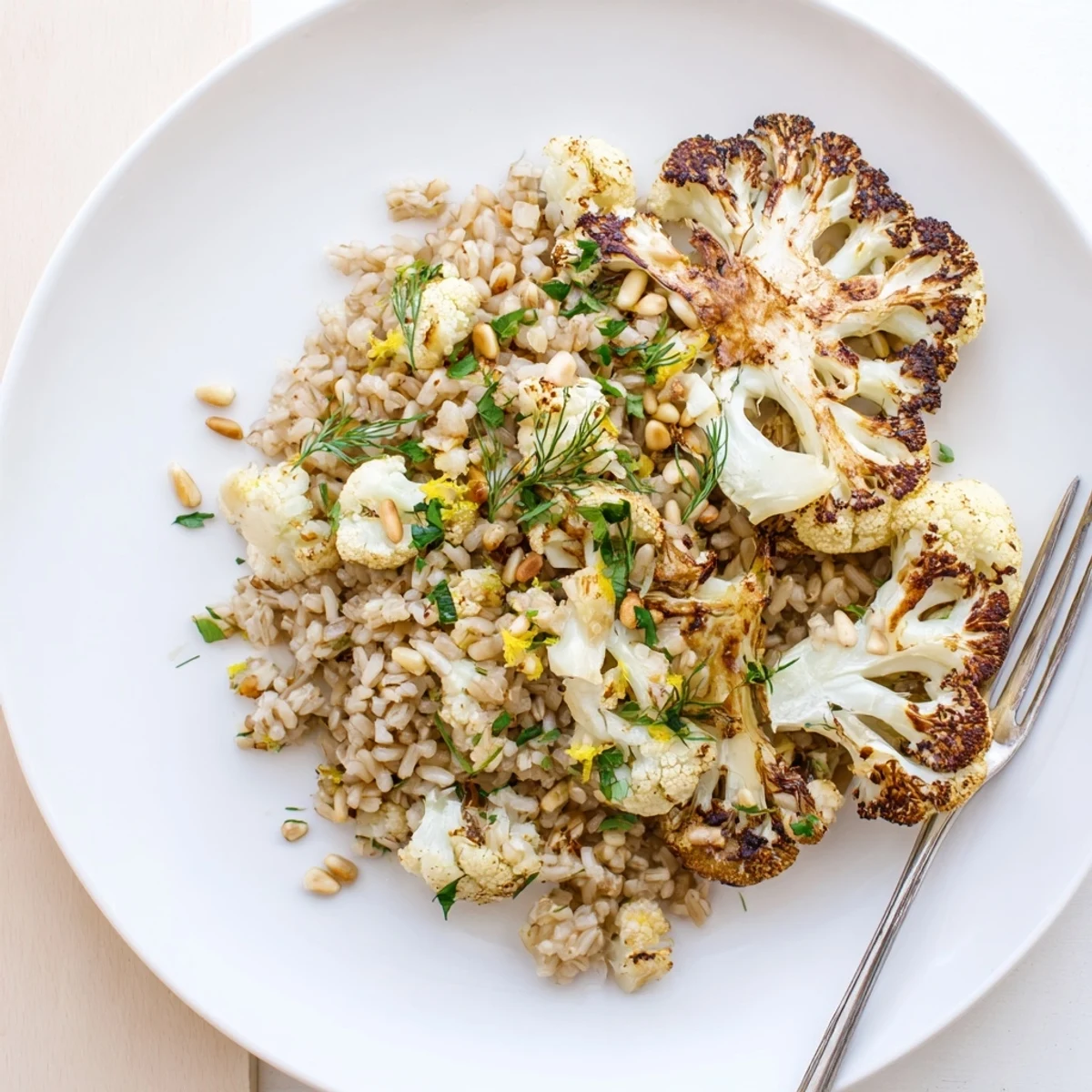 Smoky charred cauliflower tops a bed of fluffy garlic herb brown rice garnished with toasted almonds and fresh parsley