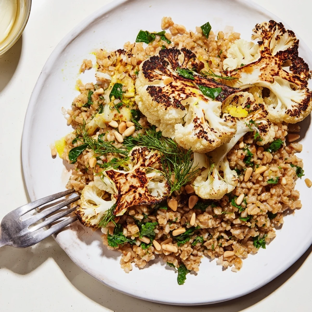 Golden roasted cauliflower florets nestled in fragrant garlic herb brown rice brightened with lemon zest and sprinkled herbs