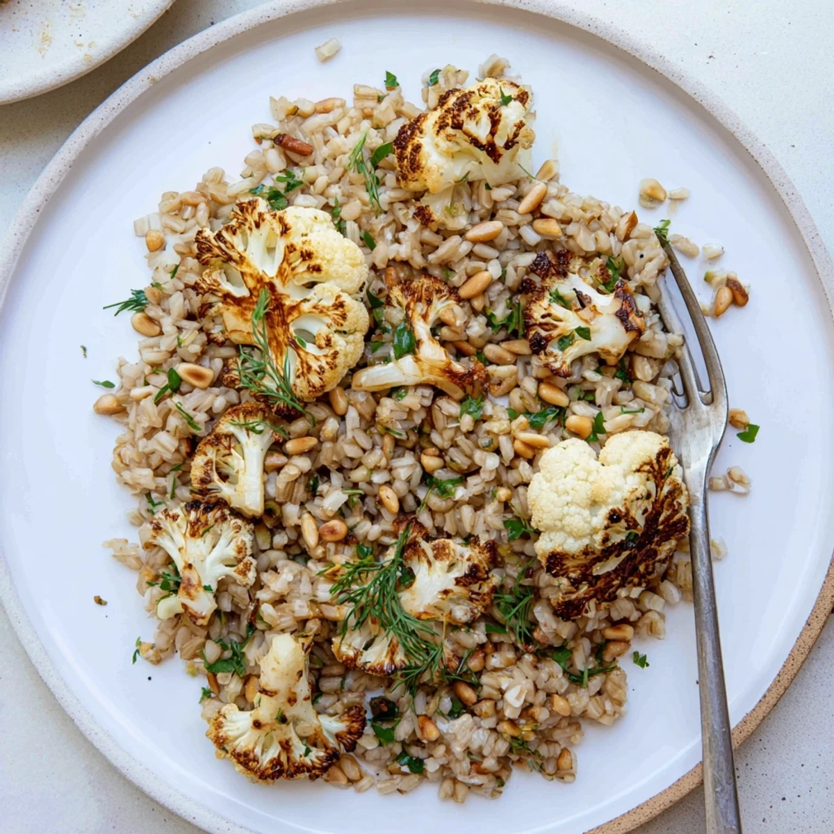 A vibrant serving platter of garlic herb brown rice with caramelized paprika cauliflower finished with a squeeze of fresh lemon