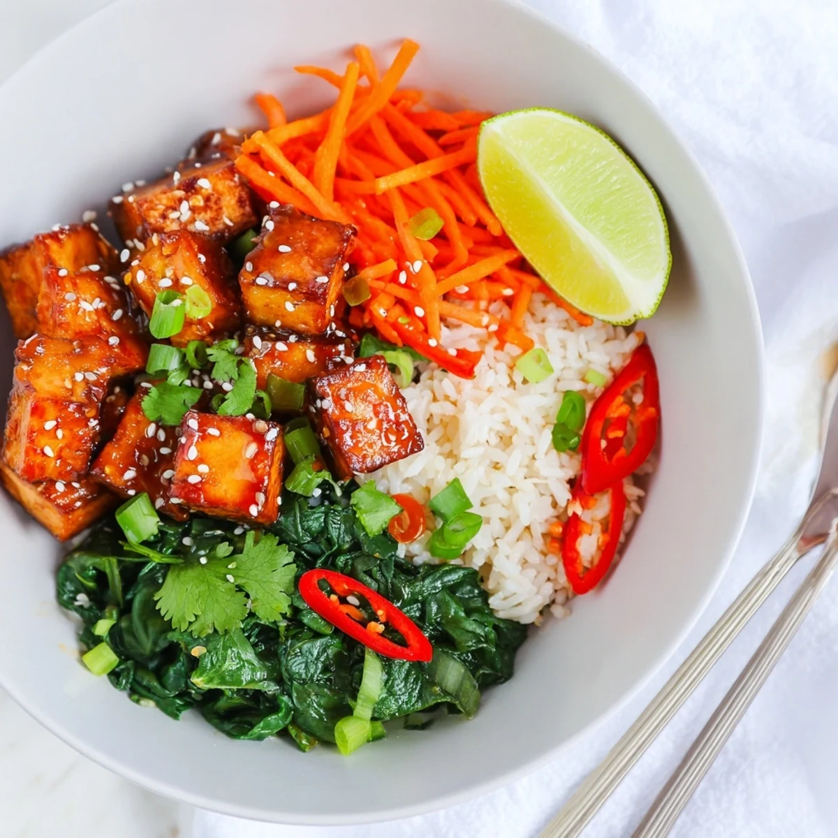 Glossy sticky orange chili tofu nestled on fluffy rice with vibrant sesame greens