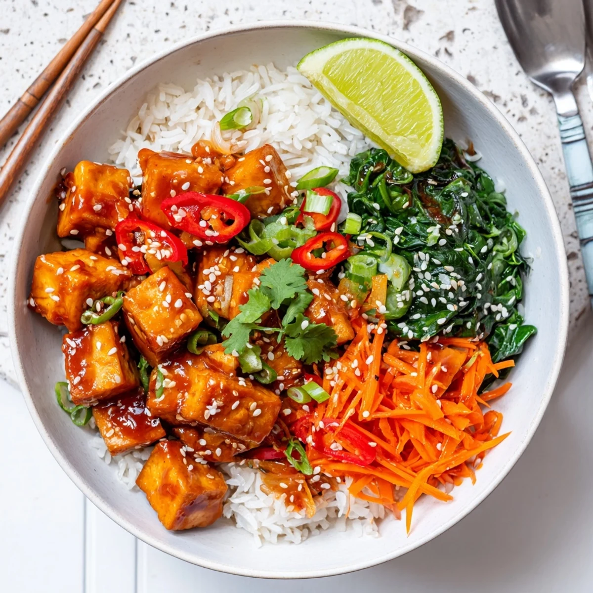 Vibrant vegan bowl featuring caramelized orange chili tofu alongside wilted sesame spinach