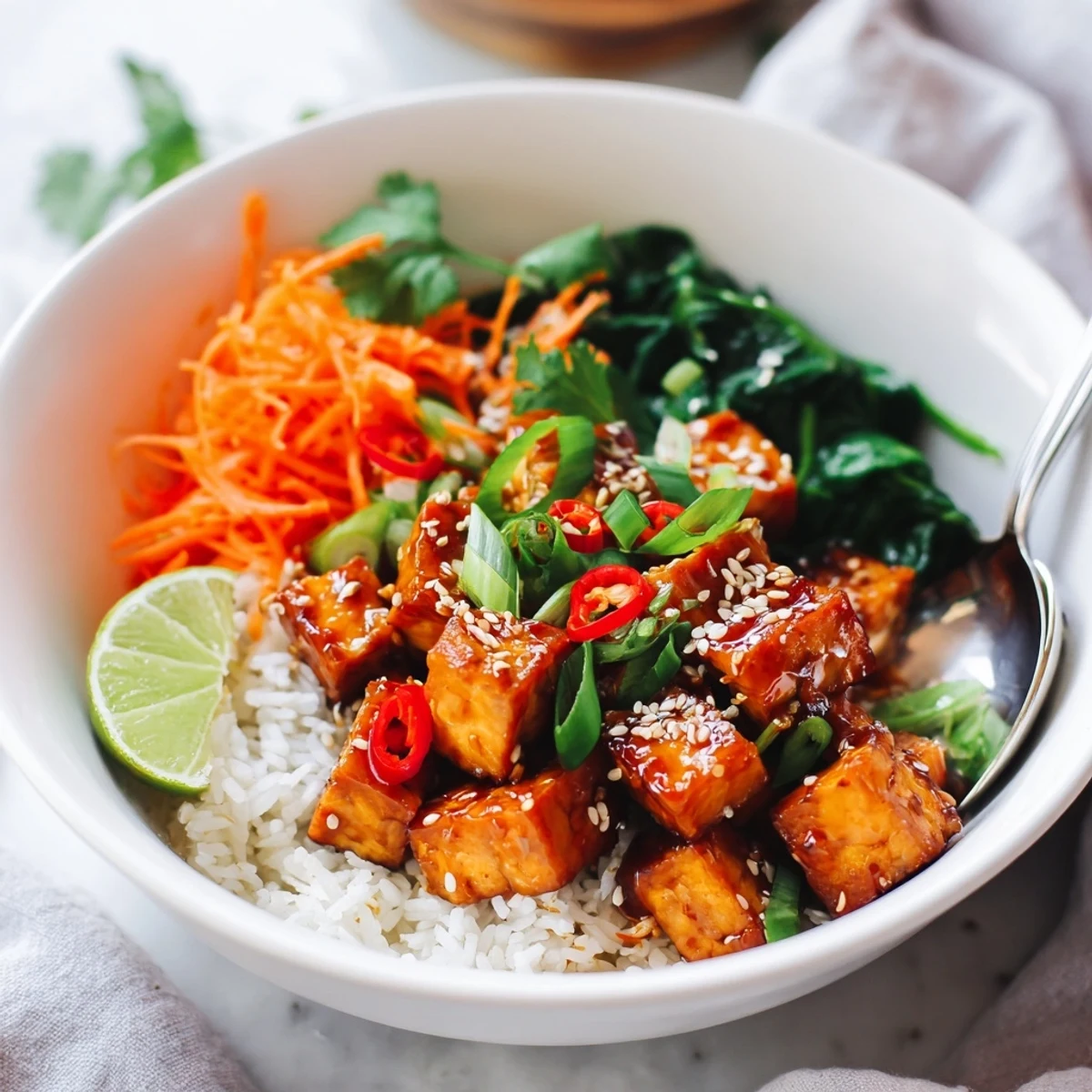 Crispy tofu cubes coated in tangy orange chili glaze over steamed jasmine rice