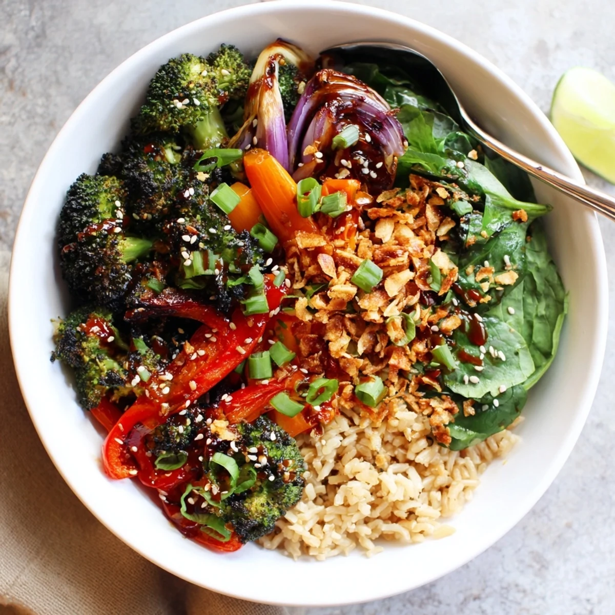 Spicy chili oil roasted broccoli veggie bowl with golden garlic crunch topping