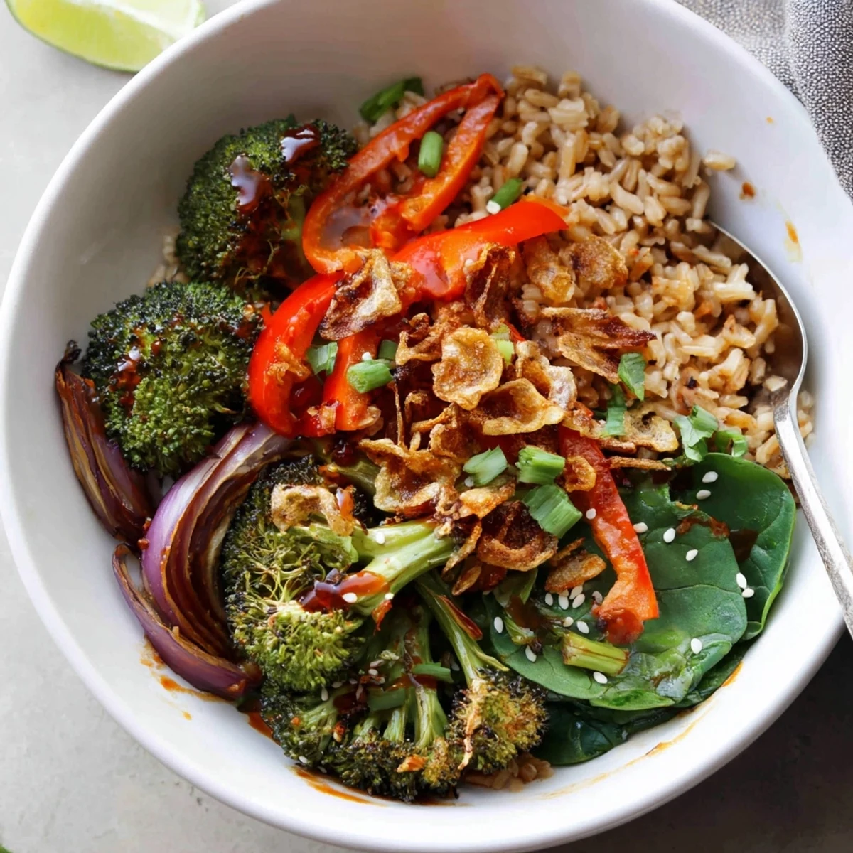 Crispy roasted vegetables drizzled with spicy chili oil in a hearty veggie bowl