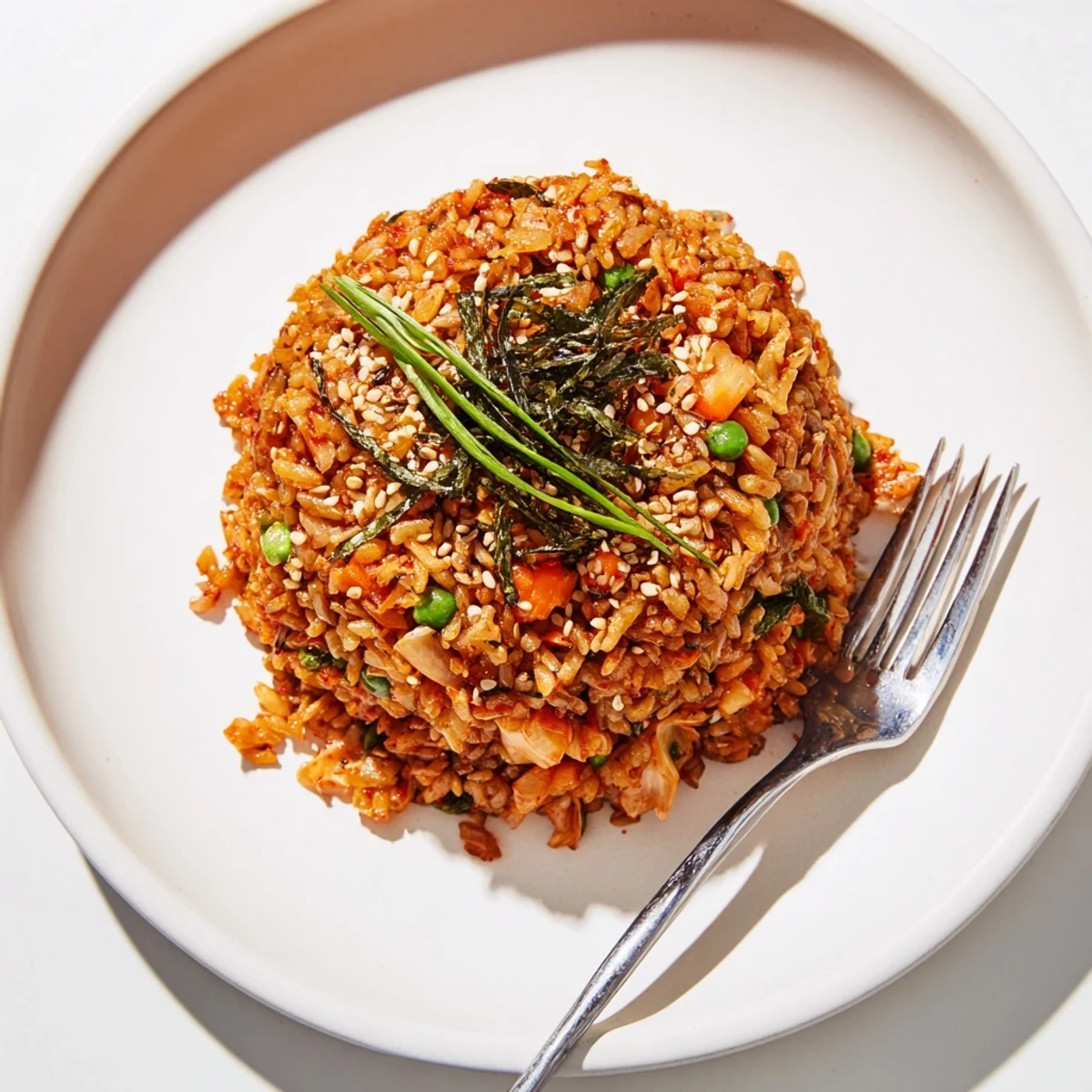 Kimchi garlic fried rice with crispy scallions served steaming hot in a cast iron skillet