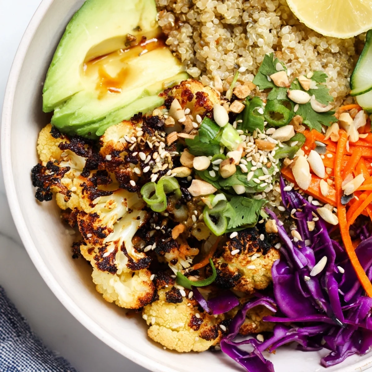 Caramelized cauliflower rests on savory miso quinoa in this colorful vegetarian grain bowl