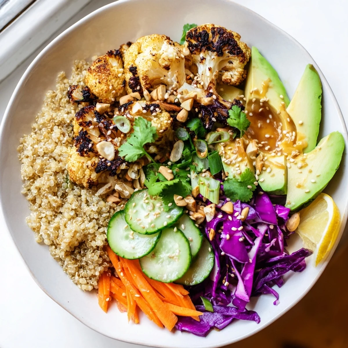 Golden roasted cauliflower and miso quinoa grain bowl topped with vibrant vegetables and sesame crunch