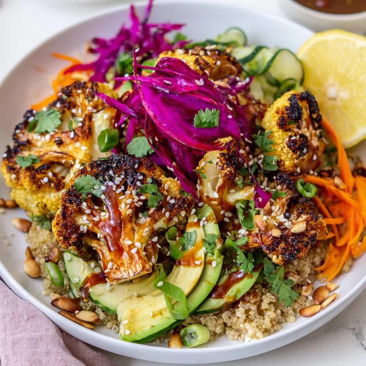 Crispy sesame-topped roasted cauliflower miso quinoa grain bowl drizzled with ginger miso dressing