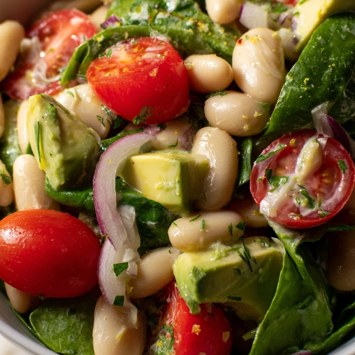 White bean salad bowl with diced avocado, lemon zest, and mixed greens