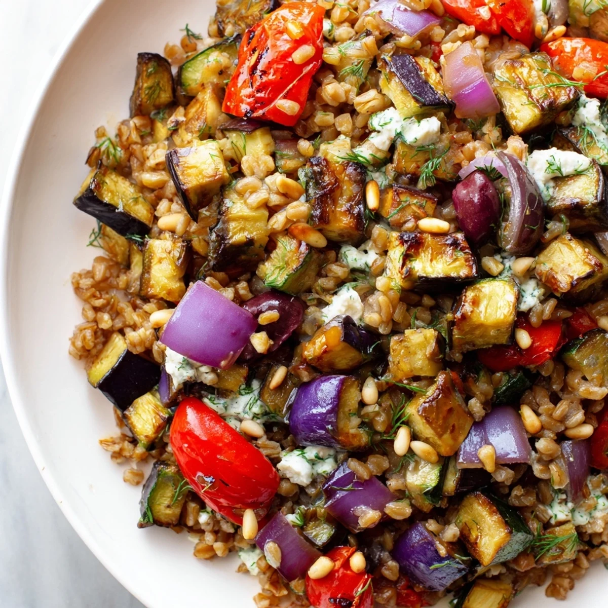 Mediterranean roasted eggplant farro grain bowl topped with herb yogurt and vegetables