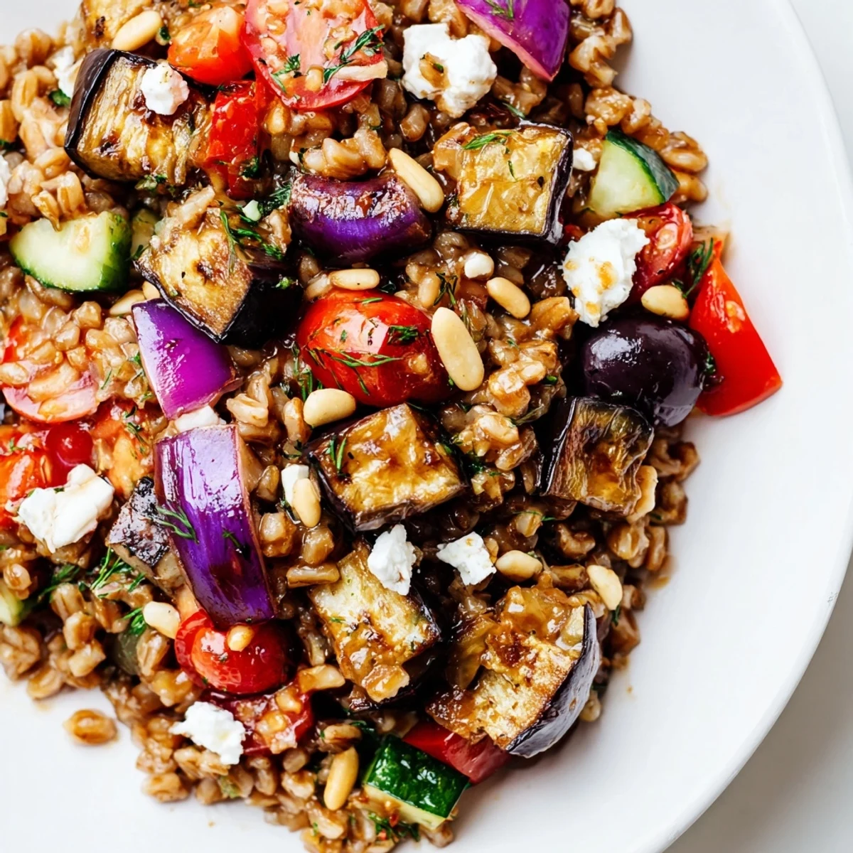 Caramelized eggplant farro grain bowl drizzled with cool herb yogurt and toasted pine nuts