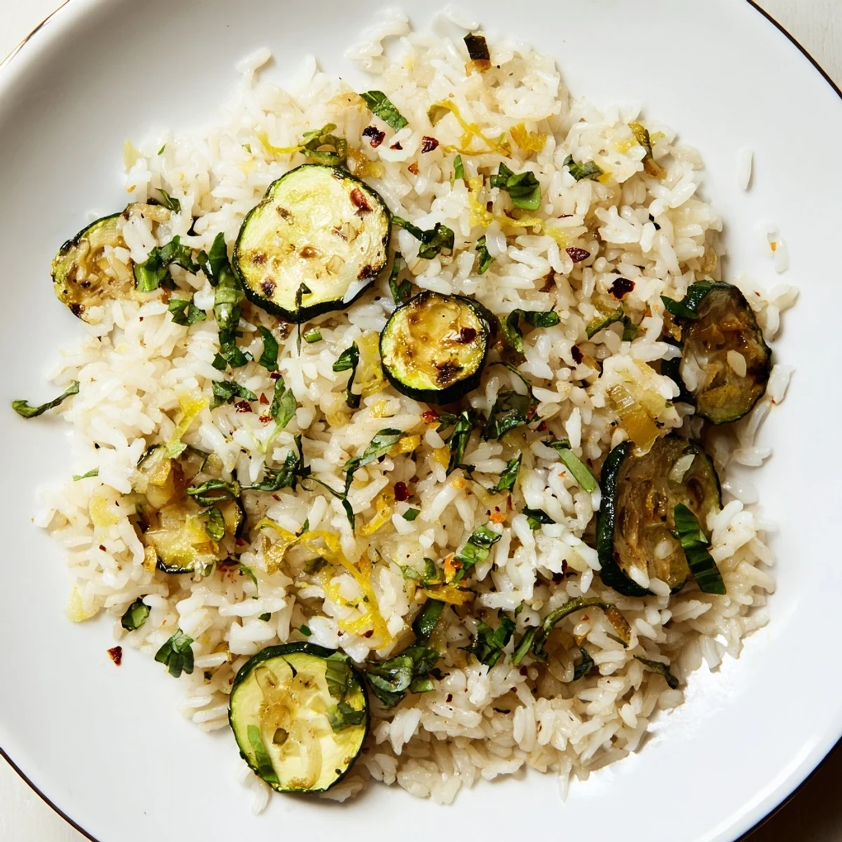 Fluffy garlic herb jasmine rice with roasted zucchini flecked with bright green parsley