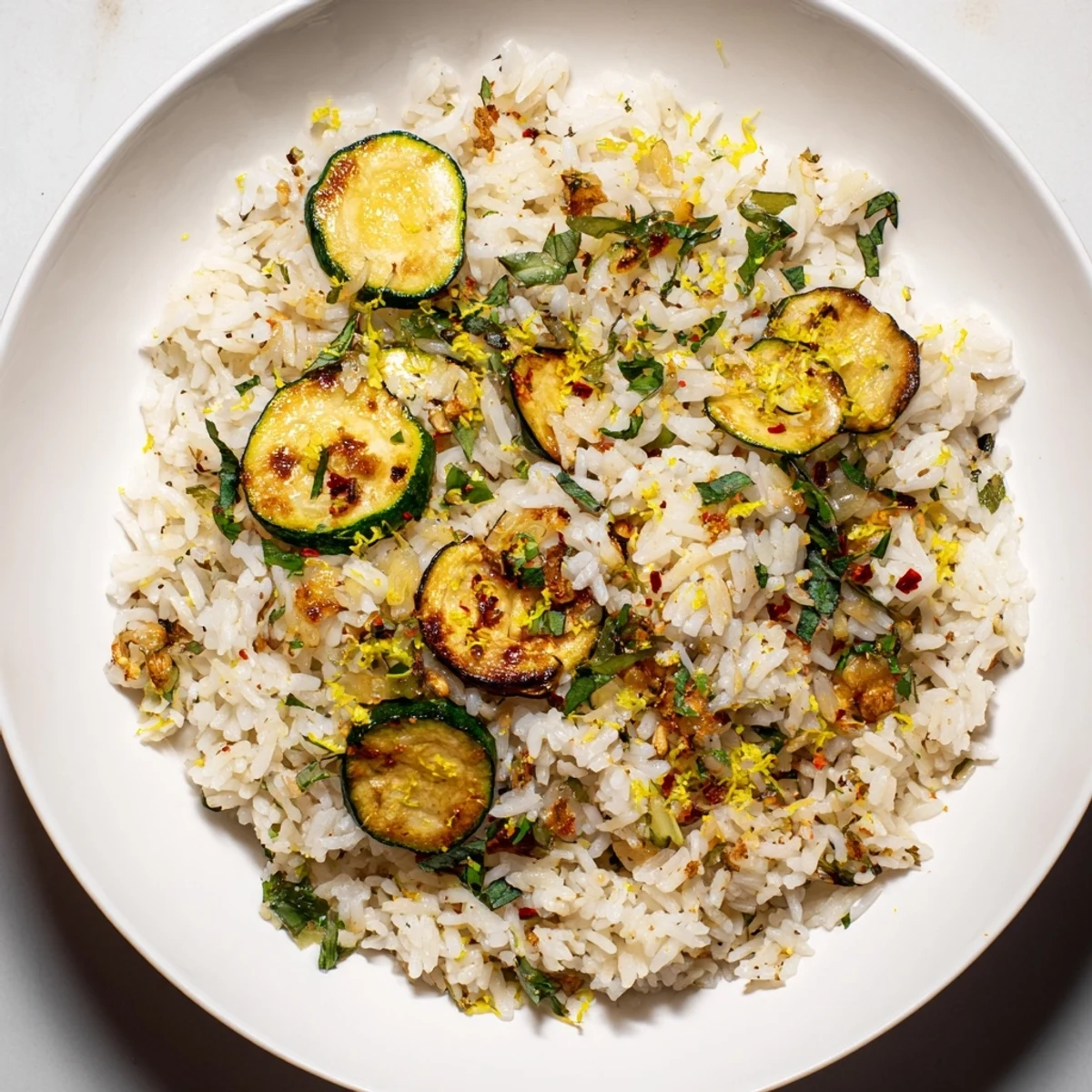 Golden roasted zucchini nestled in steaming garlic herb jasmine rice with fresh thyme